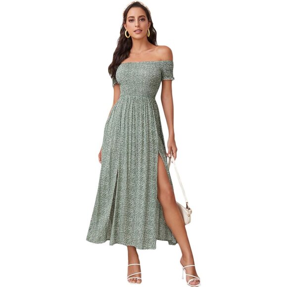 Women's Boho Floral Print Off Shoulder Split Long A Line Dress